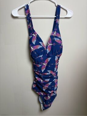 Blue One-Piece Swimsuit with Pink & White Feather Print